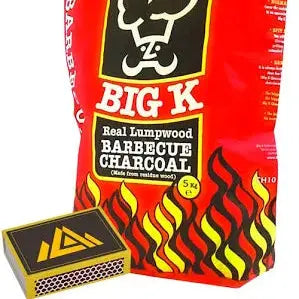 5kg bag of BBQ charcoal beside a small kettle barbecue with glowing coals ready for grilling