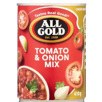 Allgold Tomato & Onion Mix in a pan simmering to a rich sauce, ready for boerie rolls, stews or pasta