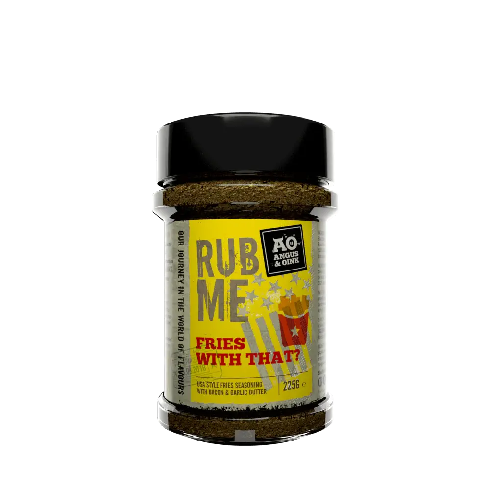 Angus & Oink Fries With That shaker beside a bowl of seasoned fries, ready to serve