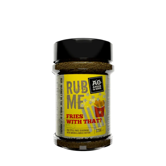 Angus & Oink Fries With That shaker beside a bowl of seasoned fries, ready to serve