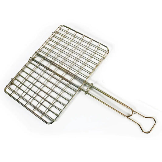 42cm braai grid loaded with steaks, sausages and veg over hot coals, ready to flip using the hinged handle