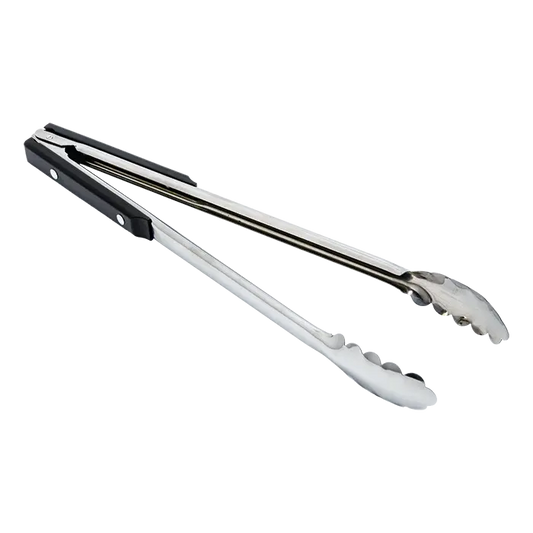 Long stainless-steel braai tongs gripping a steak over hot coals on a barbecue