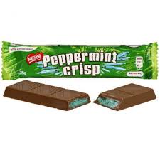 Peppermint Crisp bar snapped to show bright mint crystal shards encased in smooth milk chocolate